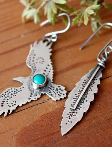 Liberty, eagle and feather earrings in silver and turquoise