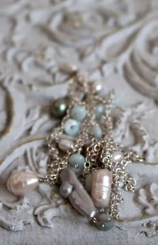 Lluvia de nácar, collar, tobillera, pulsera lluvia de colores en plata, amazonita y perla de agua dulce