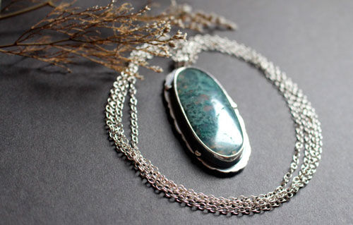 Love gives roots, romantic quote necklace in silver and moss agate