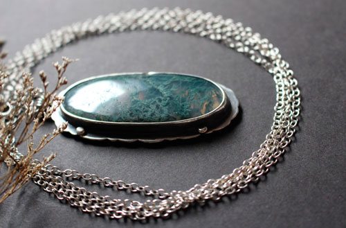 Love gives roots, romantic quote necklace in silver and moss agate