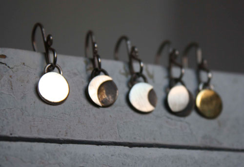 Lunar cycle, moon phase earrings in silver and brass