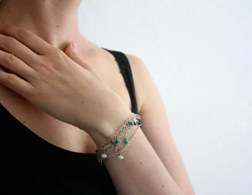 Majorelle, collar, tobillera y pulsera jardín azul en plata, turquesa, amazonita, labradorita, lapislázuli y jade