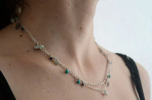 Majorelle, collar, tobillera y pulsera jardín azul en plata, turquesa, amazonita, labradorita, lapislázuli y jade