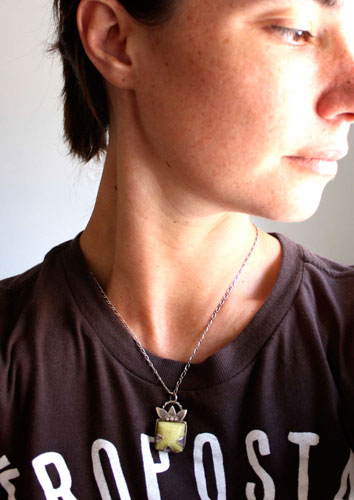Manjano, square fruit pendant in silver and lemon jade