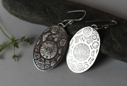 Mechanical needles, steampunk gear earrings in sterling silver