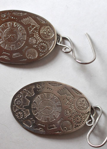 Mechanical needles, steampunk gear earrings in sterling silver