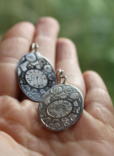 Mechanical needles, steampunk gear earrings in sterling silver