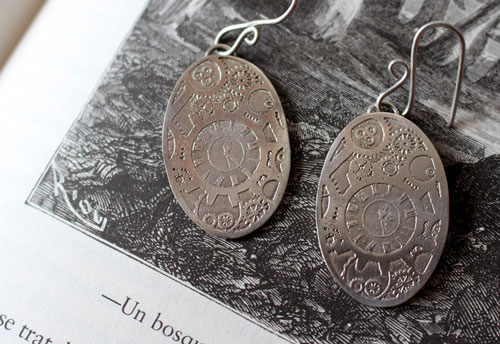 Mechanical needles, steampunk gear earrings in sterling silver