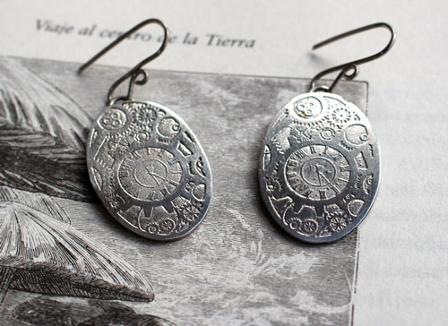 Mechanical needles, steampunk gear earrings in sterling silver
