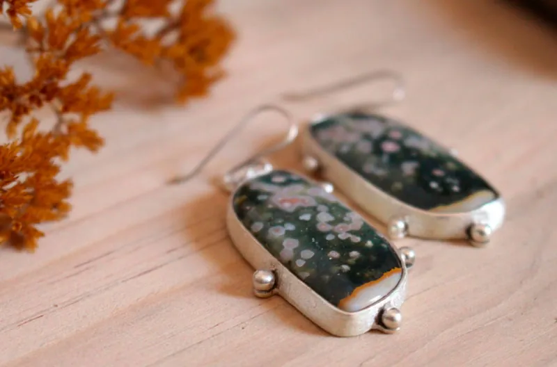 Melodía del universo, aretes bóveda celeste en plata y jaspe oceánico