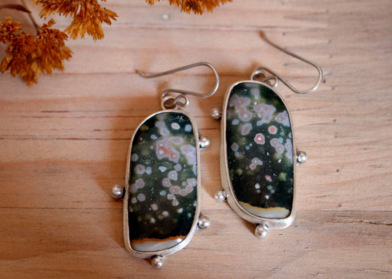 Melody of the universe, celestial vault earrings in silver and ocean jasper