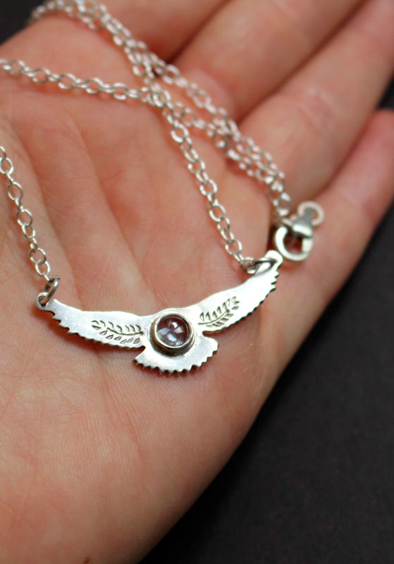 Messenger of the dawn, Native American eagle necklace in silver and spinel