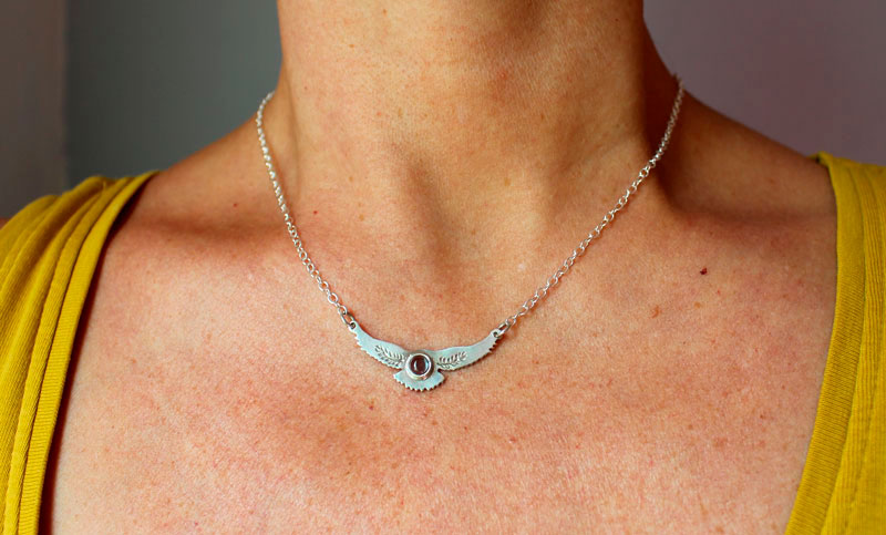 Messenger of the dawn, Native American eagle necklace in silver and spinel