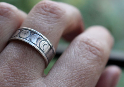 Moon phases, night star ring in sterling silver