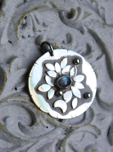 Moonlight water lily, romantic night pendant in silver and labradorite