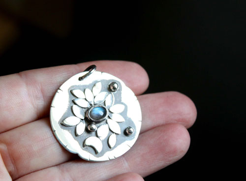 Moonlight water lily, romantic night pendant in silver and labradorite