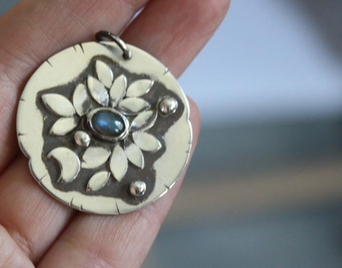 Moonlight water lily, romantic night pendant in silver and labradorite