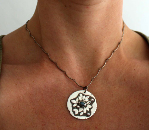 Moonlight water lily, romantic night pendant in silver and labradorite