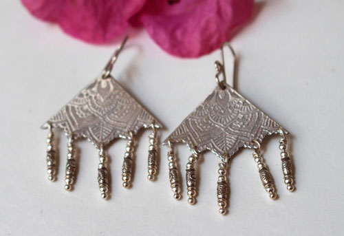 Nehal, triangle mandala earrings in sterling silver