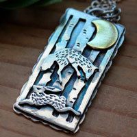 Night dance, hare and fox necklace in sterling silver and brass