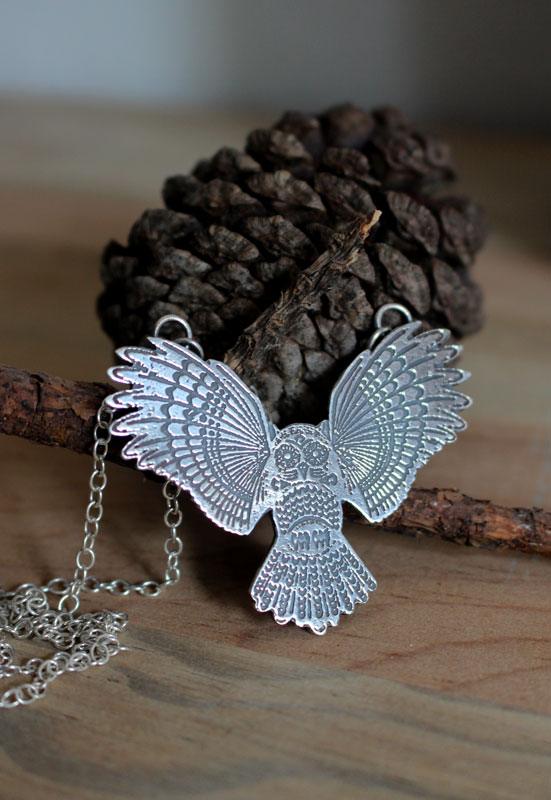 Nocturne, owl protector of the night necklace in sterling silver