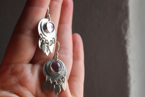 Nova corundum, astronomy earrings in silver and pink sapphire