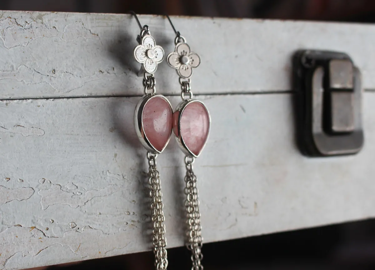 O-hanami, aretes flor de cerezo en plata y cuarzo rosa