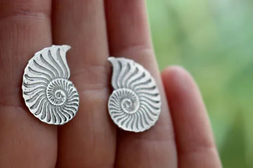 Ófita, aretes de botón Amonitas en plata