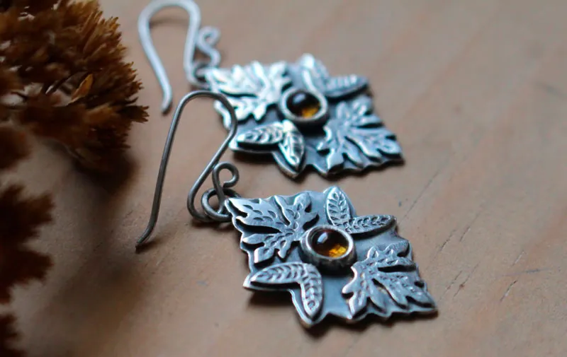 Otoño, aretes hojas en plata y citrino