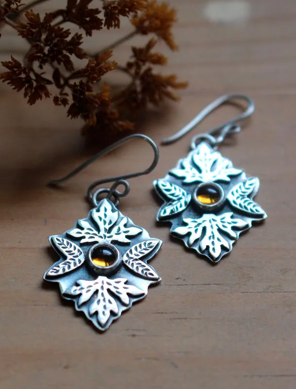 Otoño, aretes hojas en plata y citrino