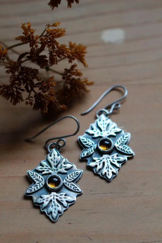 Otoño, aretes hojas en plata y citrino
