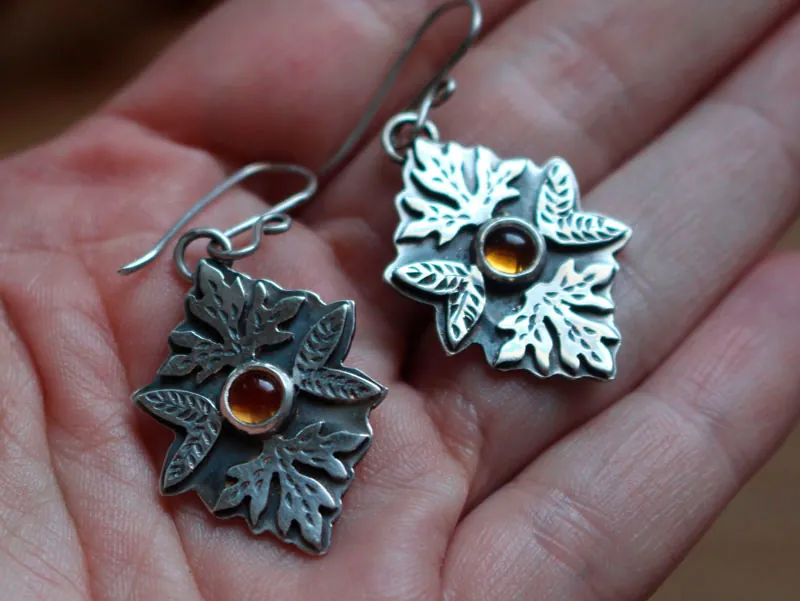 Otoño, aretes hojas en plata y citrino