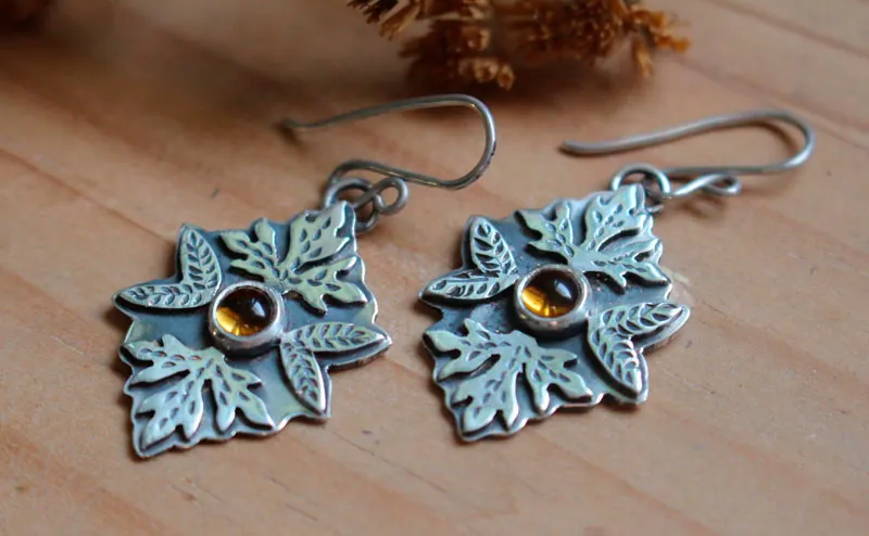 Otoño, aretes hojas en plata y citrino