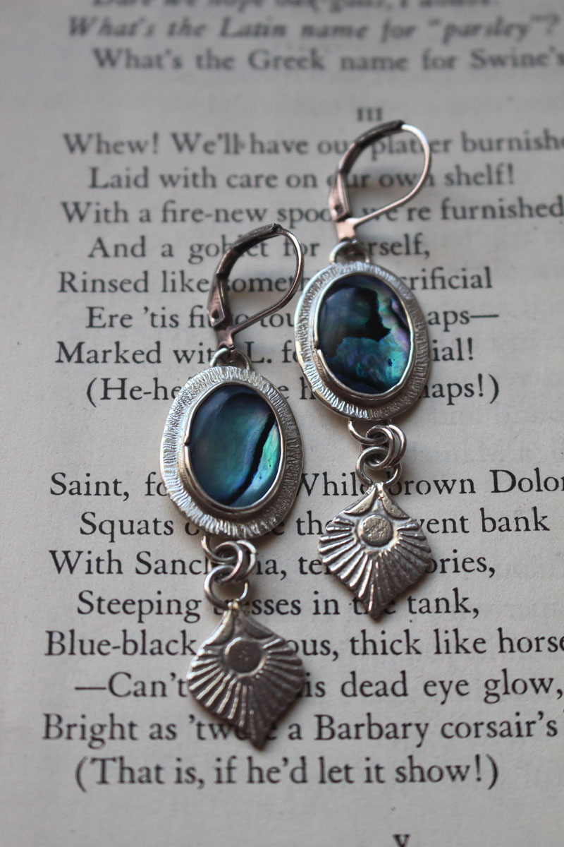 Pavo real, aretes pluma de ave en plata y paua