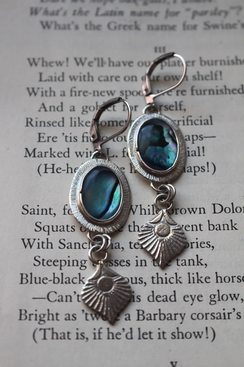 Pavo real, aretes pluma de ave en plata y paua