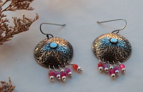 Peonía, aretes florales arománticas en plata y ágata rosa