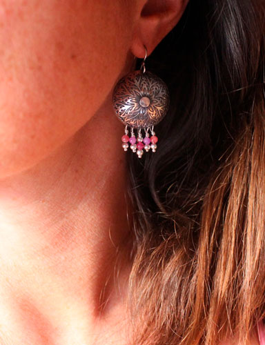Peony, romantic flower earrings in silver and pink agate