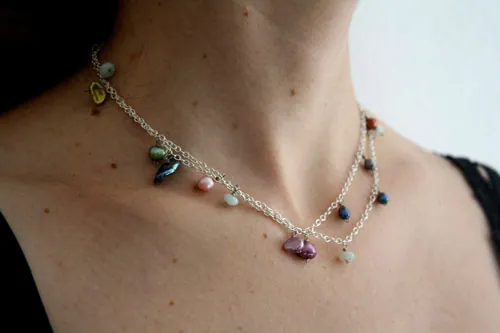 Perlas de la laguna, collar, tobillera y pulsera colores tropicales en plata, amazonita y perla
