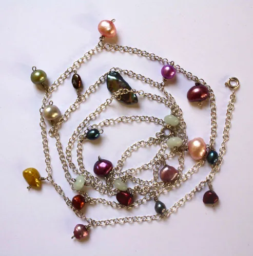Perlas de la laguna, collar, tobillera y pulsera colores tropicales en plata, amazonita y perla