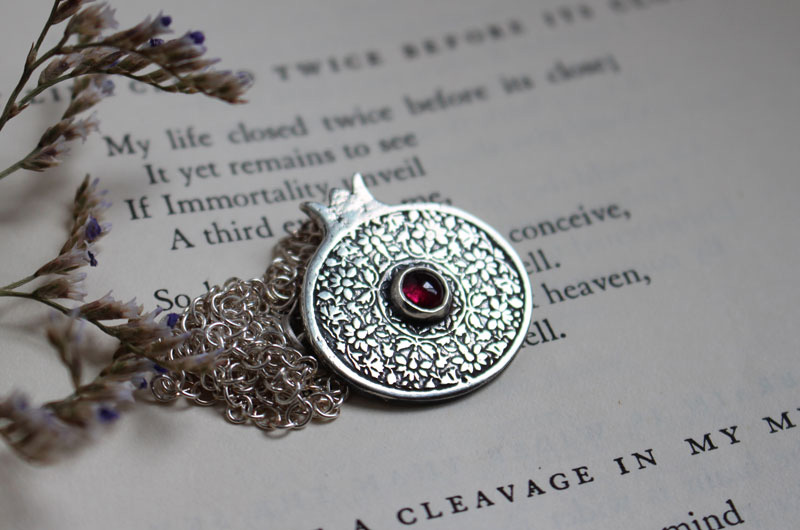 Persephone, pomegranate necklace in silver and garnet