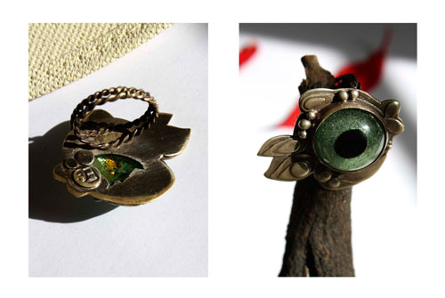 Pez globo, anillo de pez fugu en plata y vidrio