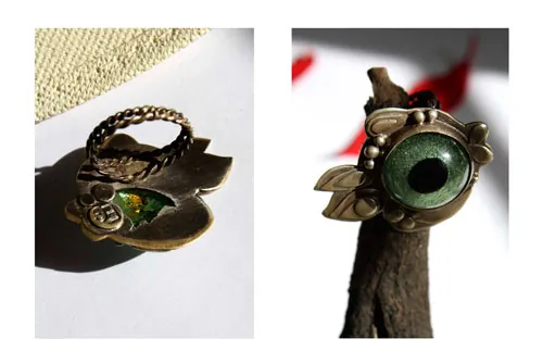 Pez globo, anillo de pez fugu en plata y vidrio