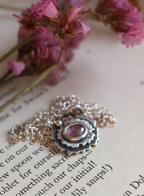 Pink primrose, flower necklace in sterling silver and pink sapphire
