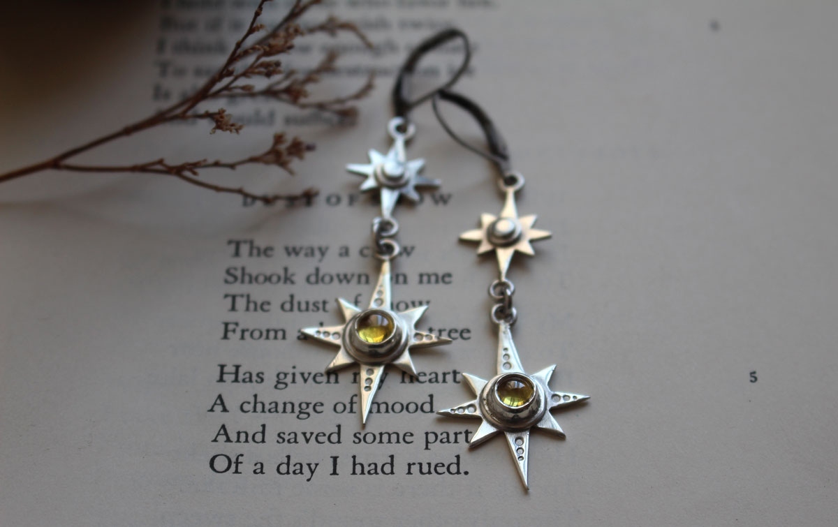 Polaris, aretes estrella polar en plata y zircón amarillo