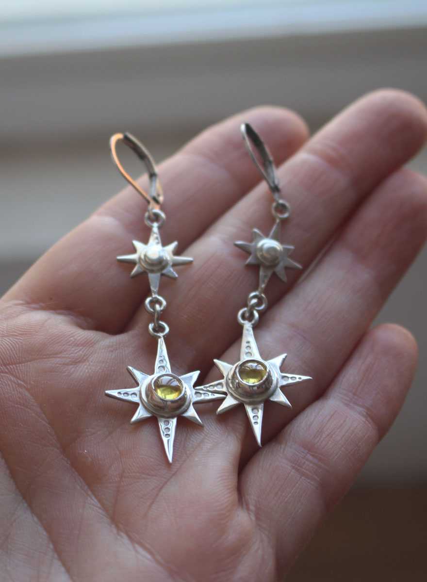 Polaris, aretes estrella polar en plata y zircón amarillo