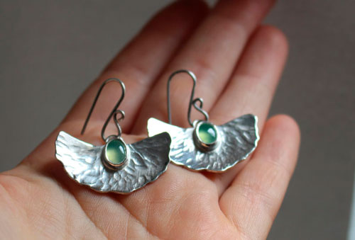 Pond lily, water lily leaf earrings in silver and chrysoprase