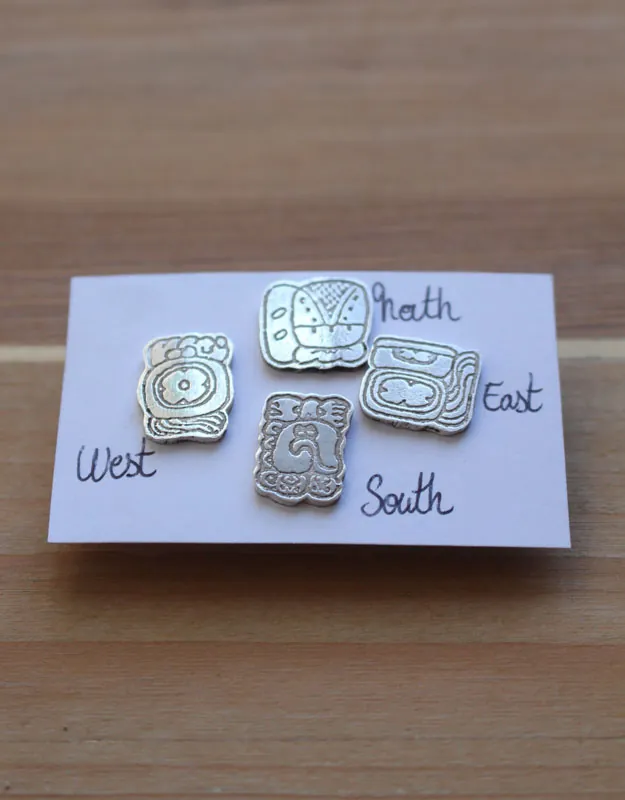 Puntos cardinales mayas, aretes glifo mexicano maya, norte-sur-este-oeste, en plata