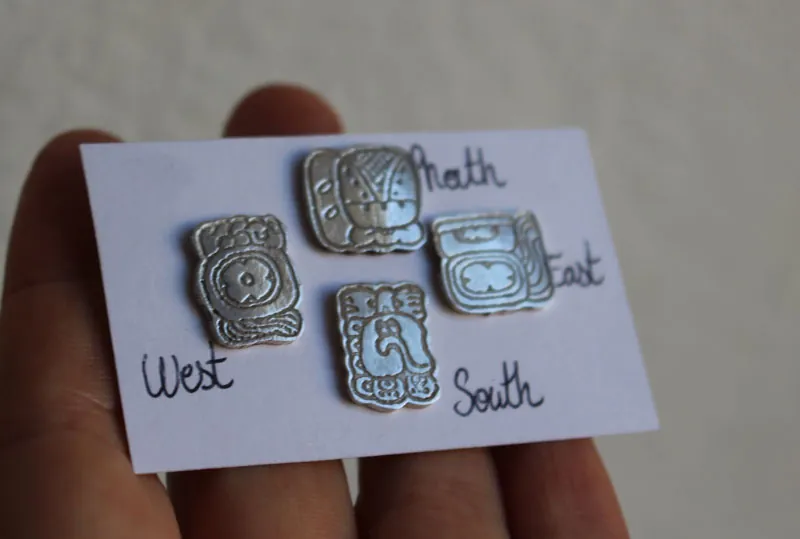 Puntos cardinales mayas, aretes glifo mexicano maya, norte-sur-este-oeste, en plata