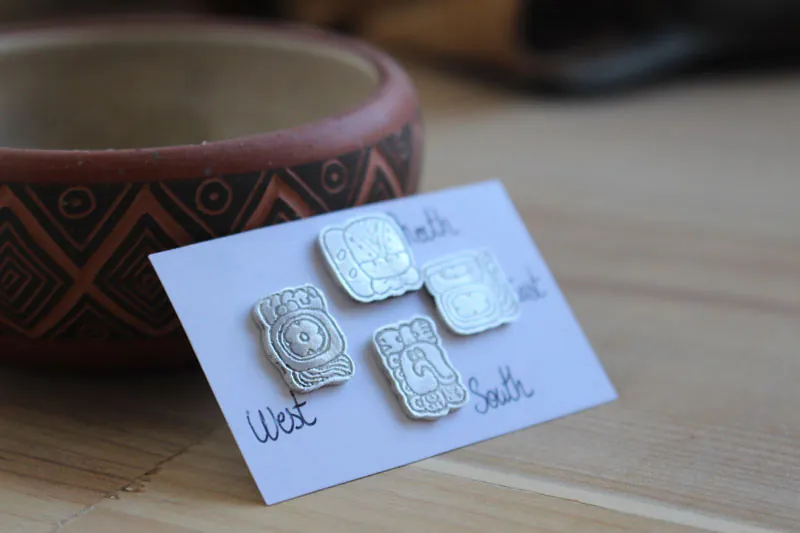 Puntos cardinales mayas, aretes glifo mexicano maya, norte-sur-este-oeste, en plata