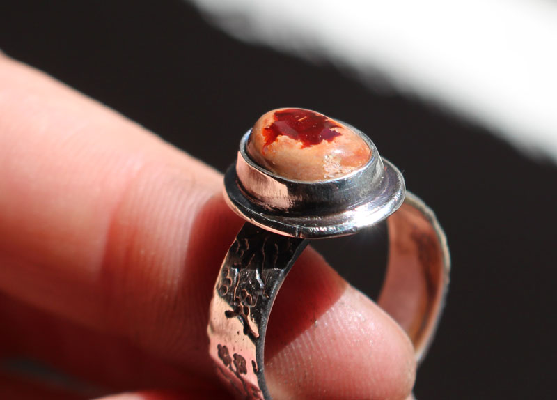 Red cherry flower, Japanese cherry ring in silver and fire opal